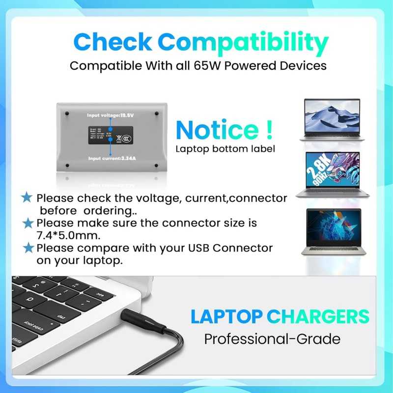 65 W Chargeur pour ordinateur portable compatible avec Dell Latitude E5440 E5470 7480 E6540 E7440 E7450 E7250 E6440 E6430 7490