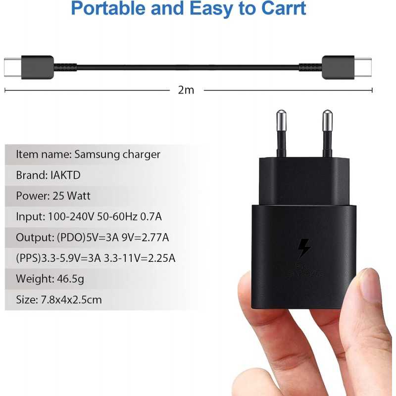 Chargeur Samsung 25W, IAKTD Chargeur, Prise avec Cable USB C Charge Rapide pour Samsung Galaxy S23 S22 S21 S20 Plus Ultra,Note
