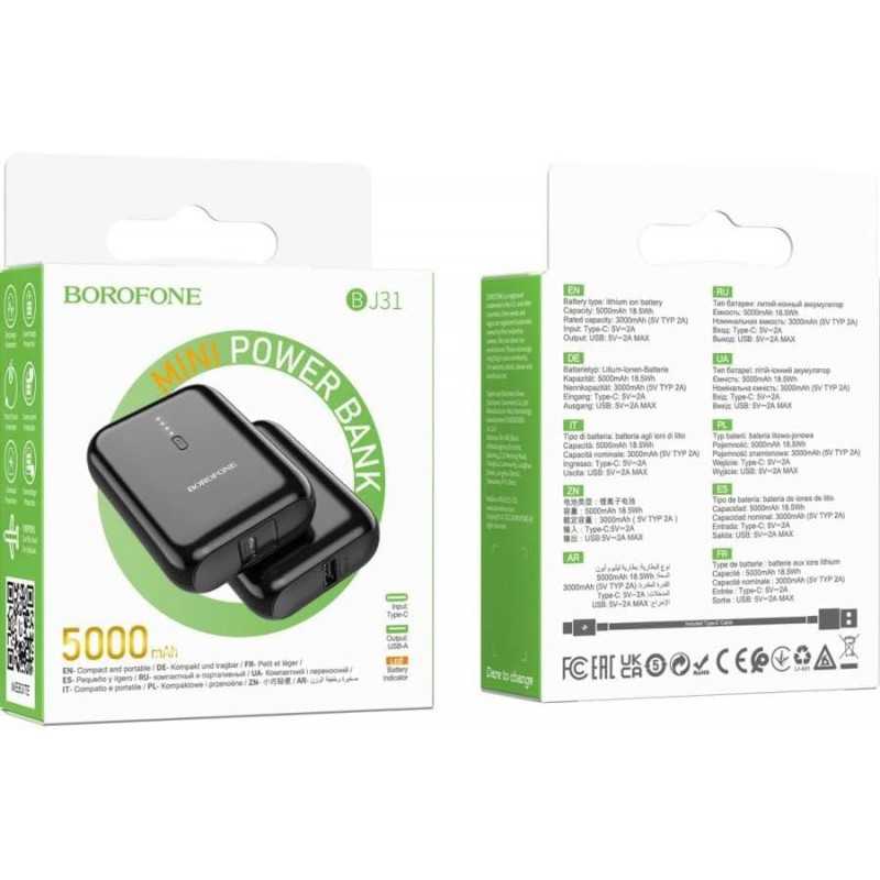 Borofone Powerbank Mini taille 5000 mAh Banque d'alimentation portable Niveau de charge Affichage LED Conception compacte et