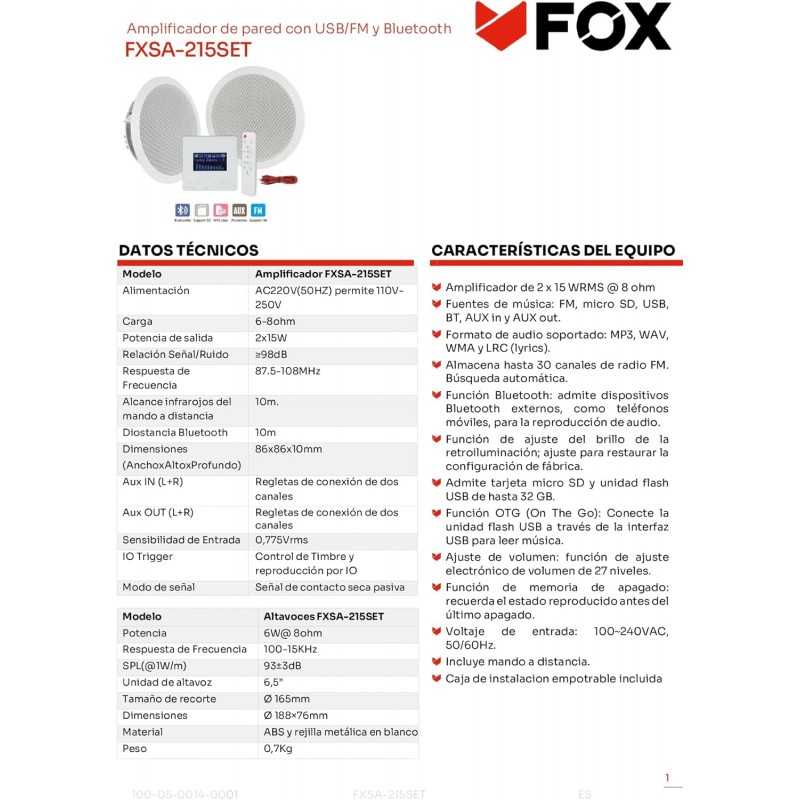 AV FOX FXSA-215SET Amplificateur mural avec deux sorties 15W et 6/8Ω USB/microSD/FM