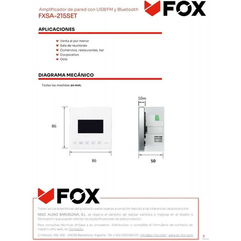 AV FOX FXSA-215SET Amplificateur mural avec deux sorties 15W et 6/8Ω USB/microSD/FM