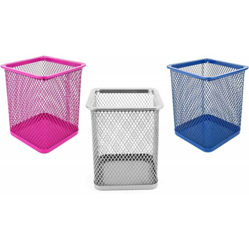 D.RECT Pot à crayons carré en métal | Porte-stylo cube en métal | Gobelet multifonction en maille pour stylo à bille Noir