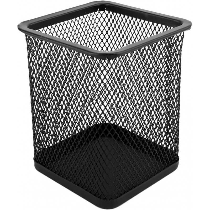 D.RECT Pot à crayons carré en métal | Porte-stylo cube en métal | Gobelet multifonction en maille pour stylo à bille Noir
