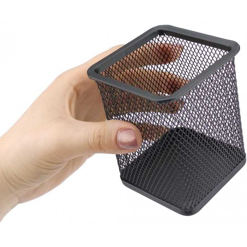 D.RECT Pot à crayons carré en métal | Porte-stylo cube en métal | Gobelet multifonction en maille pour stylo à bille Noir