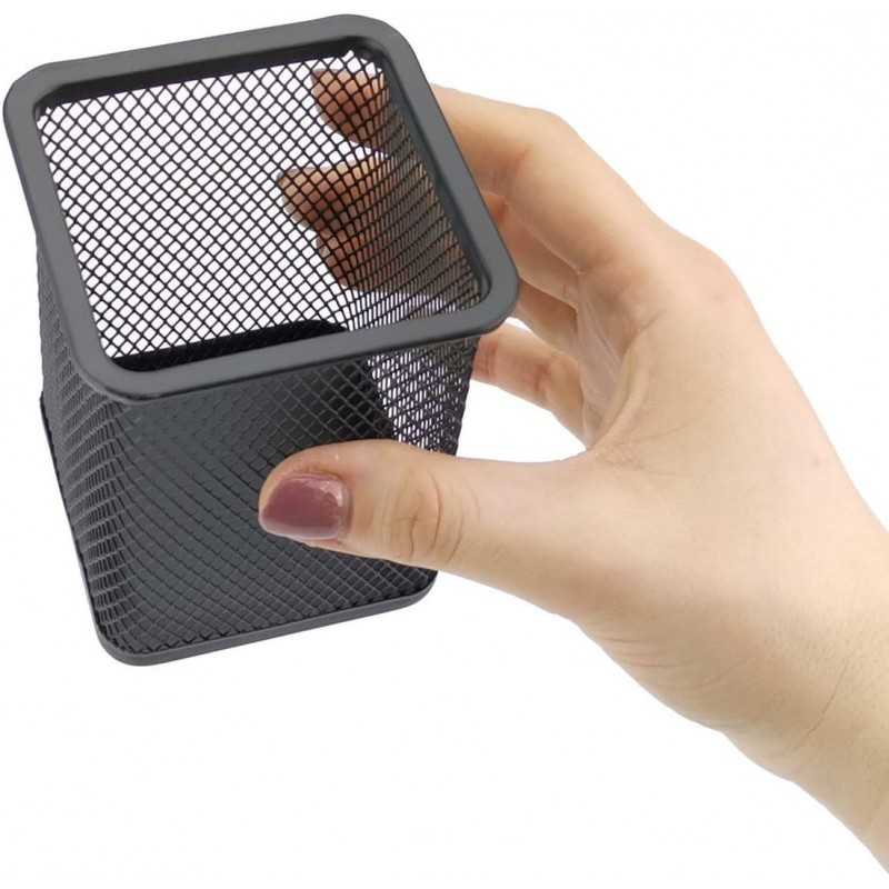 D.RECT Pot à crayons carré en métal | Porte-stylo cube en métal | Gobelet multifonction en maille pour stylo à bille Noir