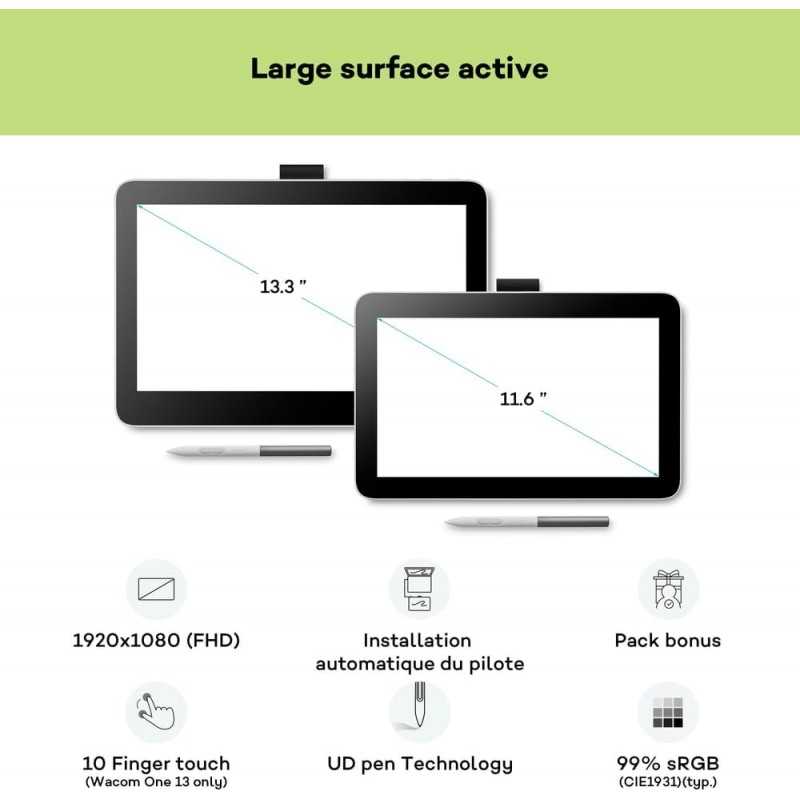 Tablette de Dessin Wacom One 12 avec écran 11,6” Full HD 99% sRGB, Stylet à résonance électromagnétique sans Pile ni Batterie
