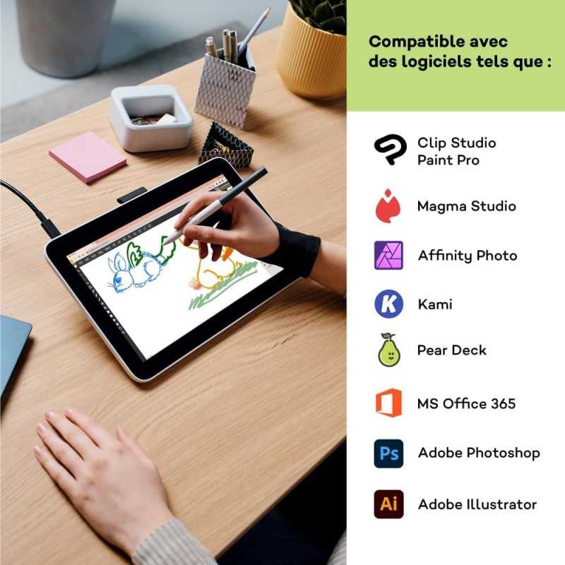 Tablette de Dessin Wacom One 12 avec écran 11,6” Full HD 99% sRGB, Stylet à résonance électromagnétique sans Pile ni Batterie