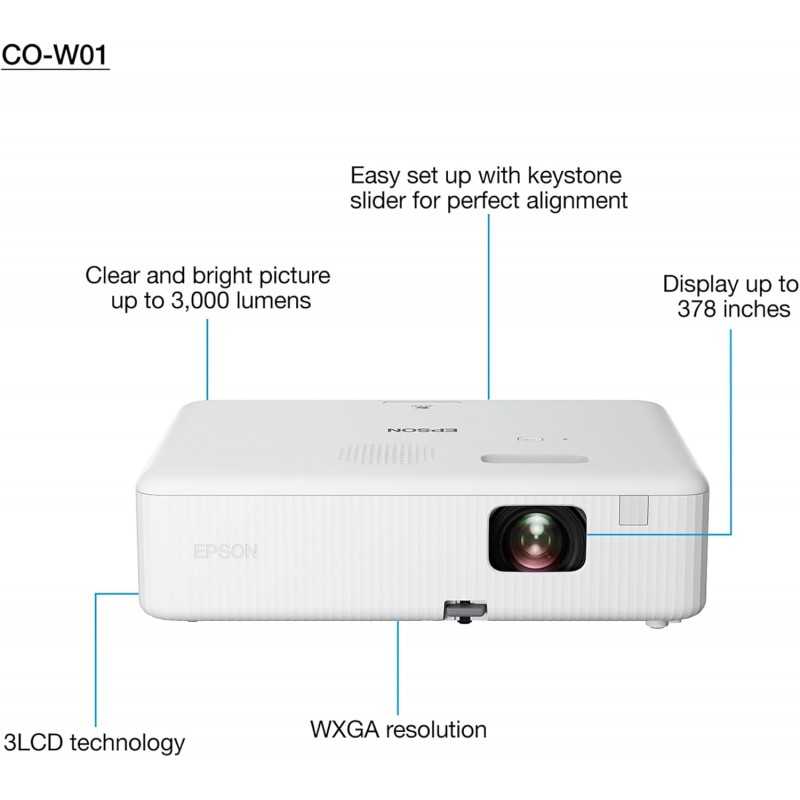 Epson CO-W01 Video projecteur WXGA, HD Ready 16:10, Technologie 3LCD, 3000 Lumens, Connexion USB/HDMI, Correction Horizontale
