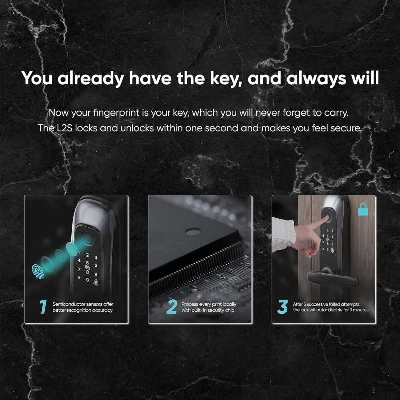 EZVIZ L2S Smart Fingerprint Lock, Keyless Lock with Four Unlock Methods, Real-Time Mobile Alerts, Built-in Electronic Doorbell,