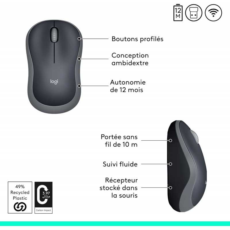 Logitech M185 Souris Sans Fil, 2.4 GHz avec Mini Récepteur USB, Longévité de la Pile 12 Mois, Résolution du Capteur 1000 PPP,