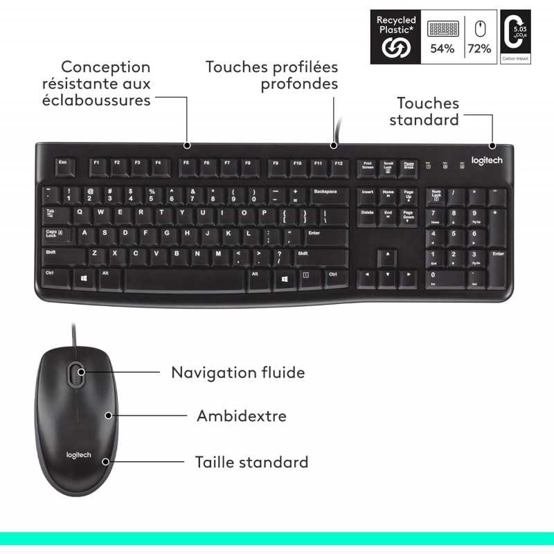 Logitech MK120 Combo Clavier et Souris Optique Filaire pour Windows, Taille Standard, Plug-and-Play USB, Compatible avec PC,