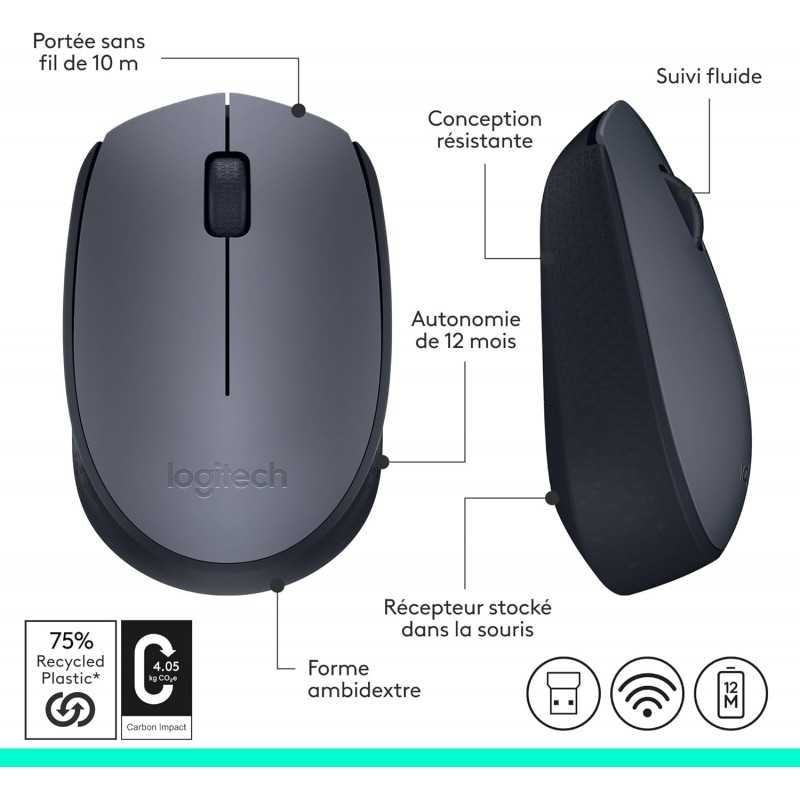 Logitech Souris sans fil M170, 2,4 GHz avec nano-récepteur USB, suivi optique, autonomie de 12 mois, ambidextre,