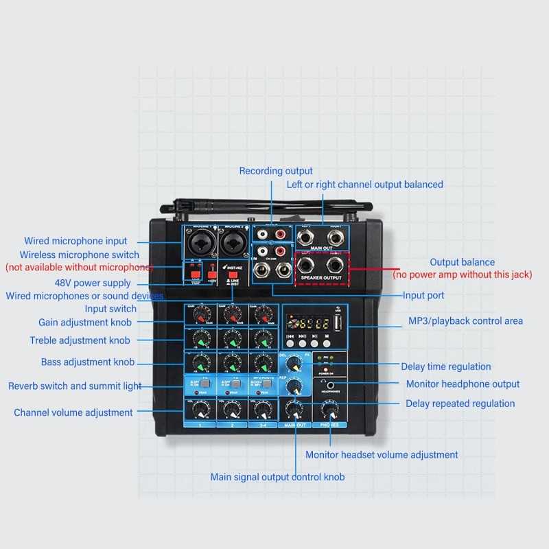 USB Mixing Console Mic BT Stereo Recording 6 Channel Professional Audio Mixer Sound Board Console with Power Amp for Karaoke