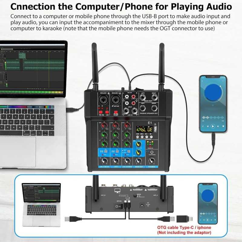 USB Mixing Console Mic BT Stereo Recording 6 Channel Professional Audio Mixer Sound Board Console with Power Amp for Karaoke