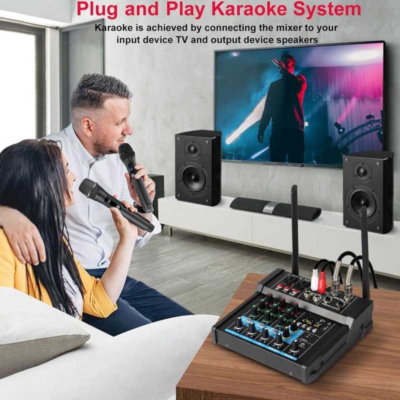 USB Mixing Console Mic BT Stereo Recording 6 Channel Professional Audio Mixer Sound Board Console with Power Amp for Karaoke