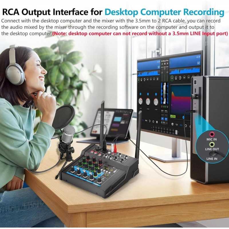 USB Mixing Console Mic BT Stereo Recording 6 Channel Professional Audio Mixer Sound Board Console with Power Amp for Karaoke