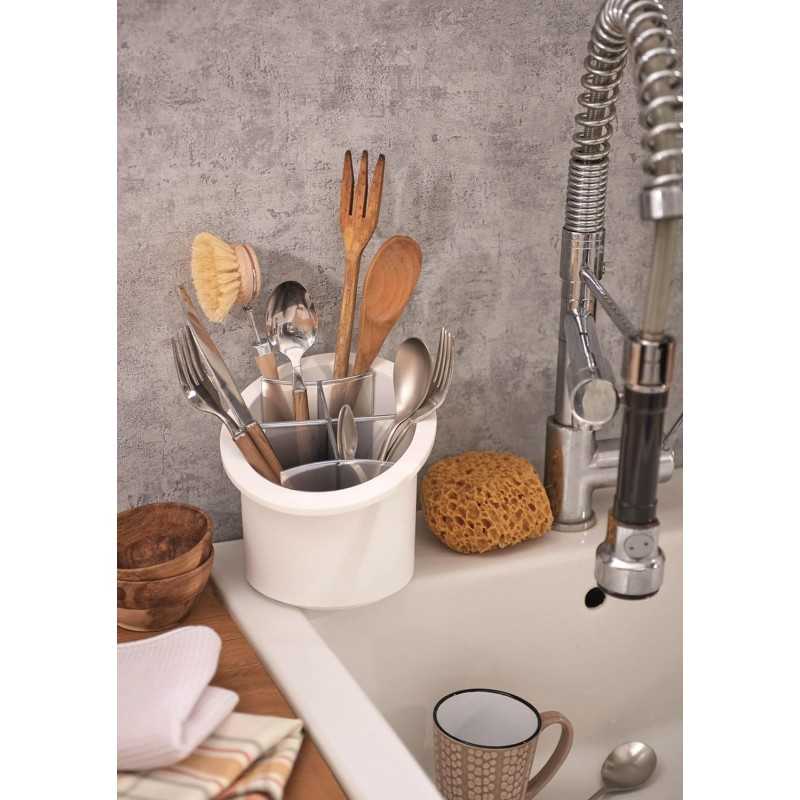 Snips, Égouttoir à Couverts avec séparateurs, Organisateur d'évier de Cuisine Blanc et Gris, Boite Rangement Porte-Utensiles 17