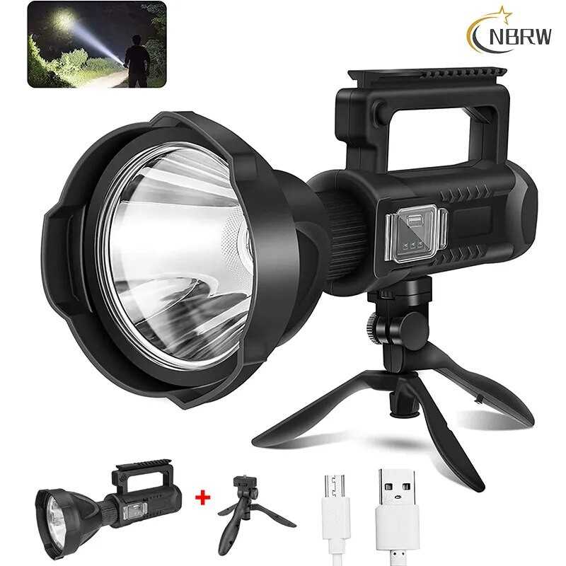 LED Rechargeable Spotlight High Lumens Super Bright Flashlight with 4 Modes IPX5 Waterproof Large Searchlight with Tripod LED Rechargeable Spotlight High Lumens Super Bright Flashlight with 4 Modes IPX5 Waterproof Large Searchlight with Tripod