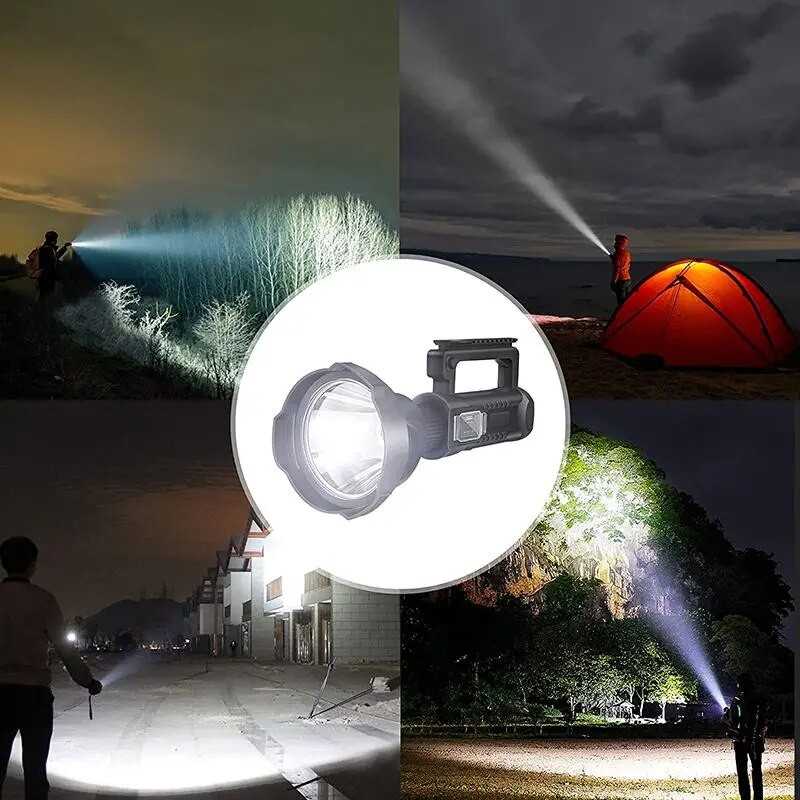 LED Rechargeable Spotlight High Lumens Super Bright Flashlight with 4 Modes IPX5 Waterproof Large Searchlight with Tripod