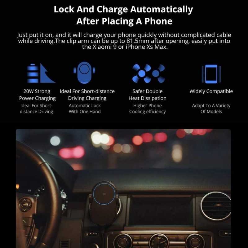 Xiaomi Mi 20W Max Qi Chargeur de Voiture sans Fil WCJ02ZM Pince Automatique avec capteur Infrarouge Intelligent Charge Rapide