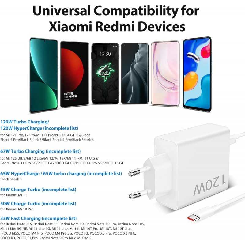 120W Chargeur Rapide avec Câble USB C 1m pour Redmi Note 13 Pro+ ACOCOBUY Chargeur Turbo pour XiaoMi 14T/13T/13/12T/12X/11T