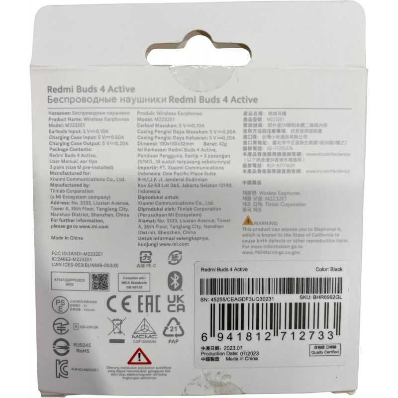 Xiaomi Redmi Buds 4 Active, Écouteurs sans Fil Bluetooth 5.3, Pilote Dynamique de 12 mm, Jusqu'à 28 Heures de Batterie,