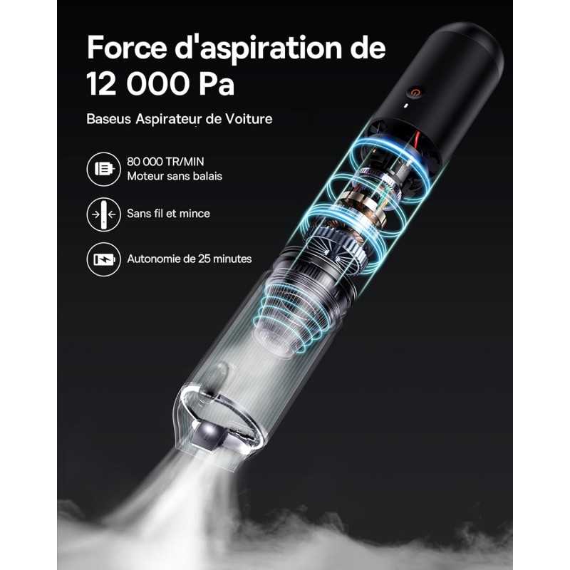 Baseus Aspirateur Voiture Puissant 12000pa Aspirateur à Main sans Fil avec Charge USB-C, Mini Broyeur Poussière pour Voiture,