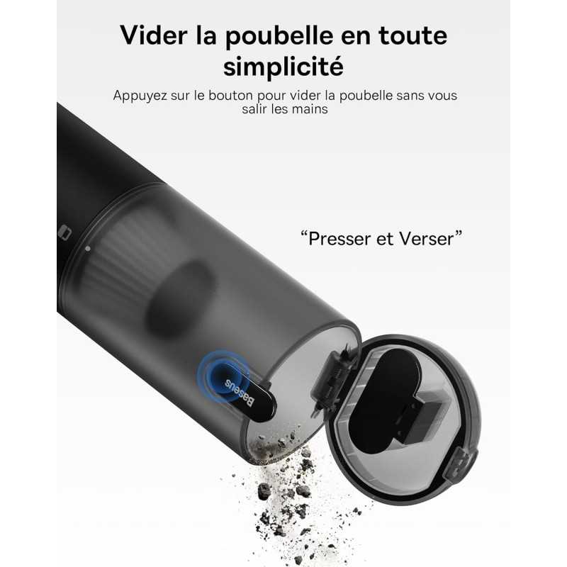 Baseus Aspirateur Voiture Puissant 12000pa Aspirateur à Main sans Fil avec Charge USB-C, Mini Broyeur Poussière pour Voiture,