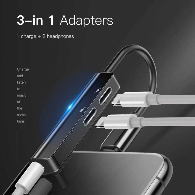 Baseus Audio L52 Lightning Adapter to Mini Jack 3,5 mm et 2 x Lightning (Noir)