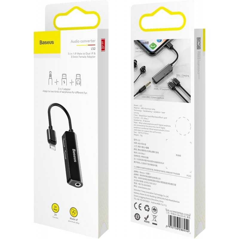 Baseus Audio L52 Lightning Adapter to Mini Jack 3,5 mm et 2 x Lightning (Noir)