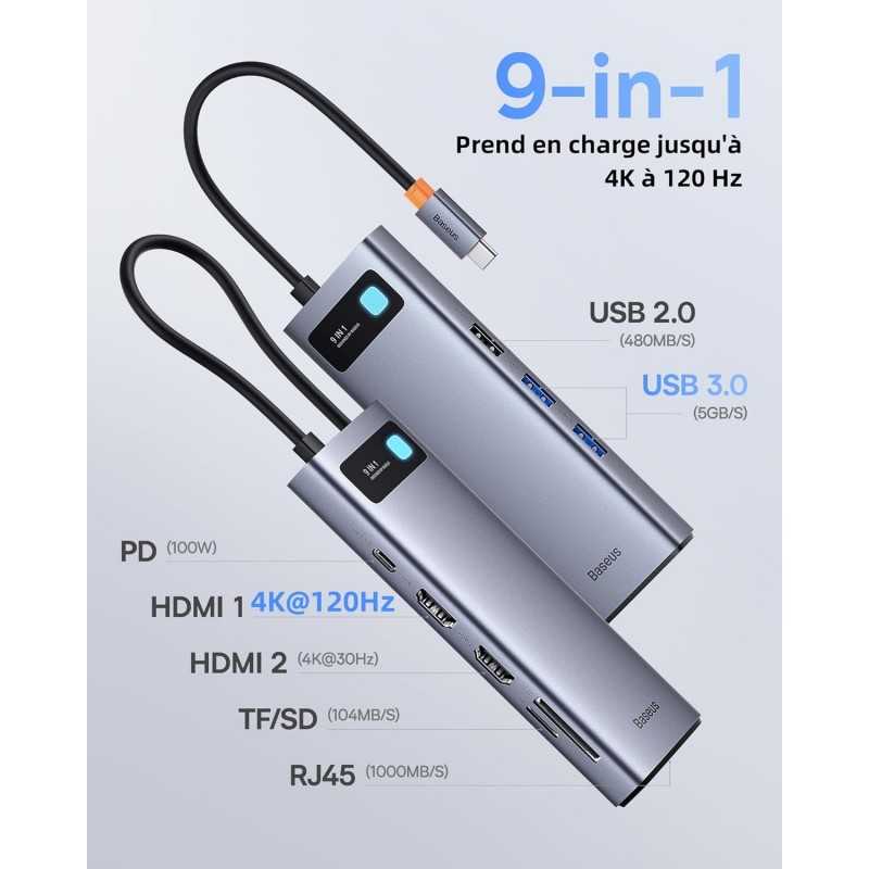 Hub USB C Baseus 9-in-1 avec 4K HDMI et Power Delivery