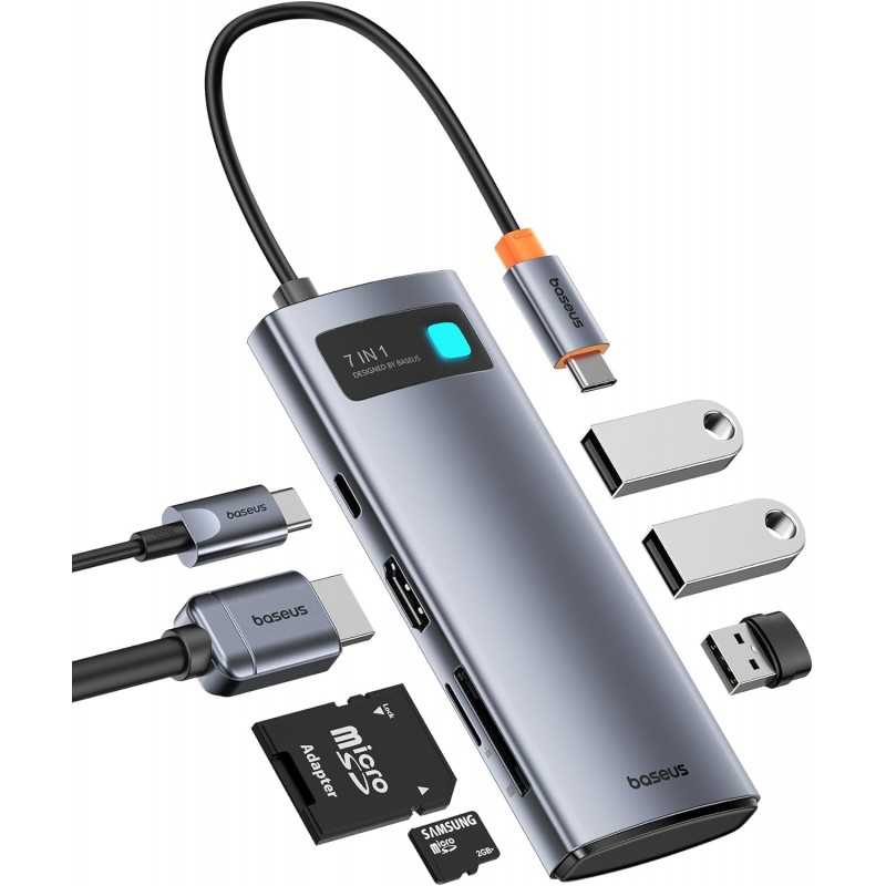 Baseus Hub USB C 7-Port avec 4K 60Hz HDMI, PD 100W, 3 USB-A 3.0 5Gbps, Lecteur Carte SD/TF, USB C Stations d'accueil pour
