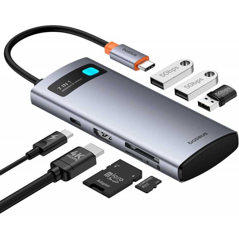Baseus Hub USB C 7-Port avec 4K 60Hz HDMI, PD 100W, 3 USB-A 3.0 5Gbps, Lecteur Carte SD/TF, USB C Stations d'accueil pour