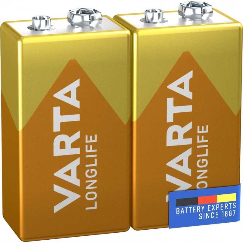 VARTA Piles Bloc 9V, lot de 2, Longlife Power, Alcalines, pour détecteurs de fumée, alarmes incendie, microphones
