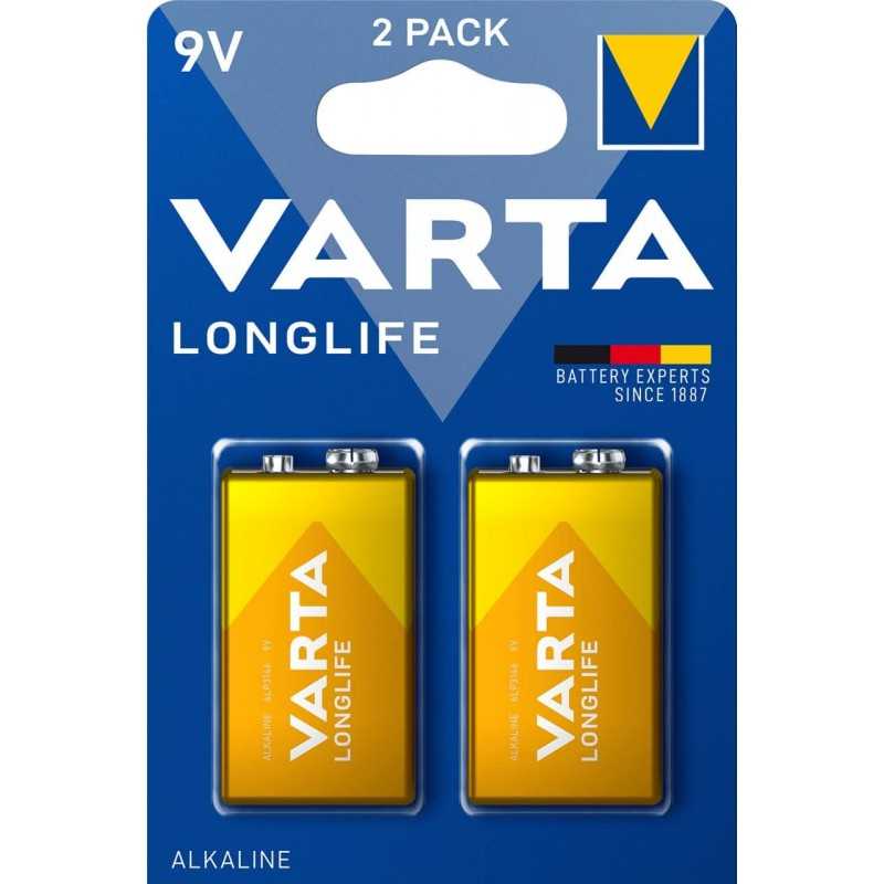 VARTA Piles Bloc 9V, lot de 2, Longlife Power, Alcalines, pour détecteurs de fumée, alarmes incendie, microphones