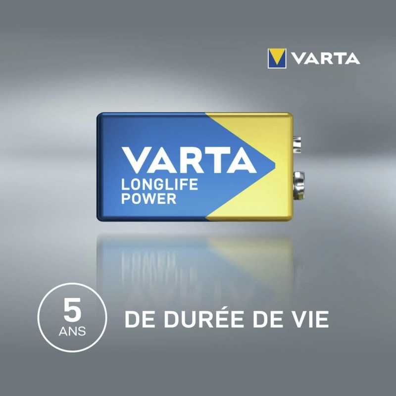 VARTA Piles Bloc 9V, lot de 2, Longlife Power, Alcalines, pour détecteurs de fumée, alarmes incendie, microphones