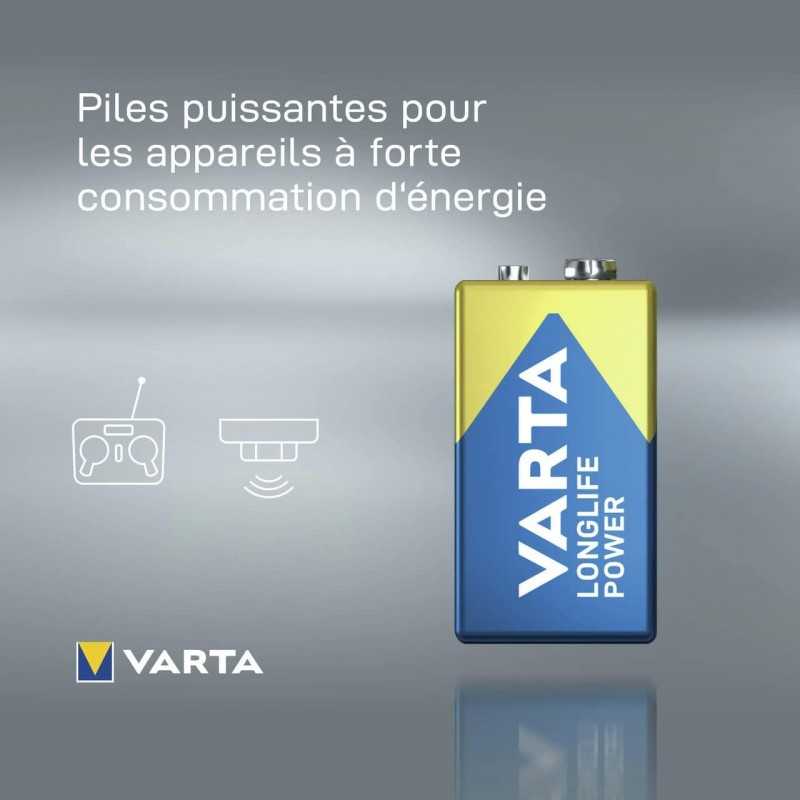 VARTA Piles Bloc 9V, lot de 2, Longlife Power, Alcalines, pour détecteurs de fumée, alarmes incendie, microphones