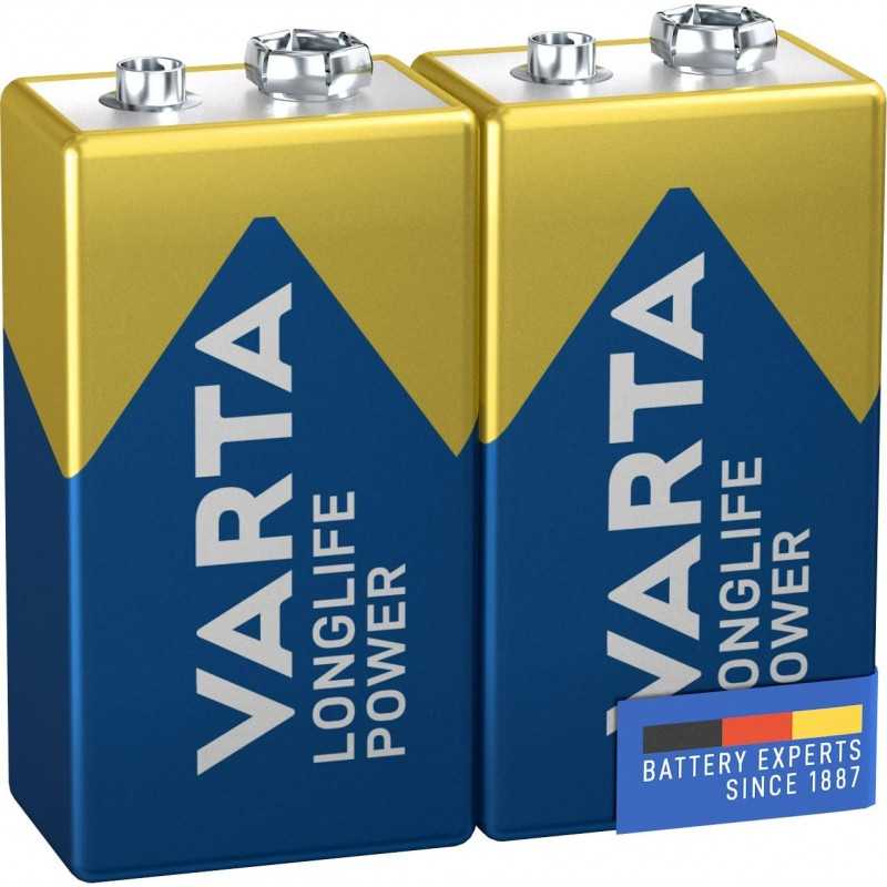 VARTA Piles Bloc 9V, lot de 2, Longlife Power, Alcalines, pour détecteurs de fumée, alarmes incendie, microphones