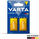 VARTA Piles Bloc 9V, lot de 2, Longlife Power, Alcalines, pour détecteurs de fumée, alarmes incendie, microphones