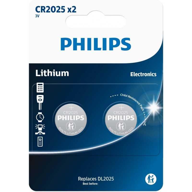 Philips Piles Bouton CR2025 2 Pièces - Pile Montre 3V/150 mAh - Convient pour Montres, Calculatrices et Porte-clés - Pile au